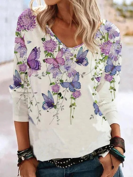 Butterfly Floral Crew Neck T-Shirt