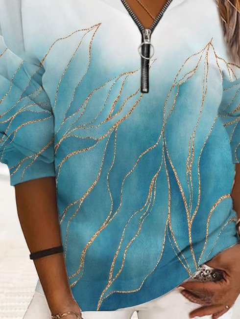 Geometric Casual Autumn Polyester V neck Regular Fit Long sleeve Regular H-Line Sweatshirt for Women