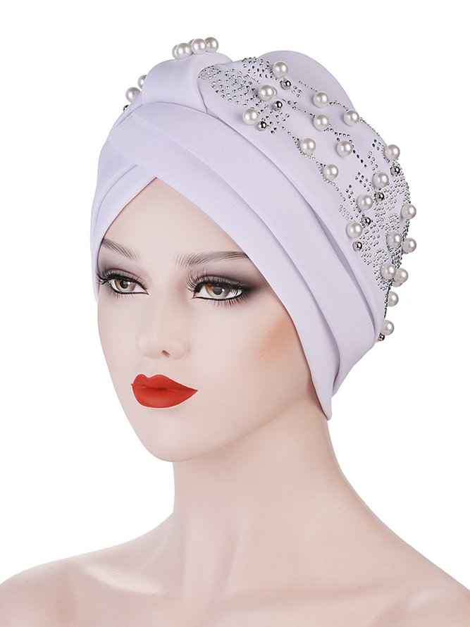 Women Plain All Season Elegant Polyester Windproof Commuting Pearl Turban Regular Hats