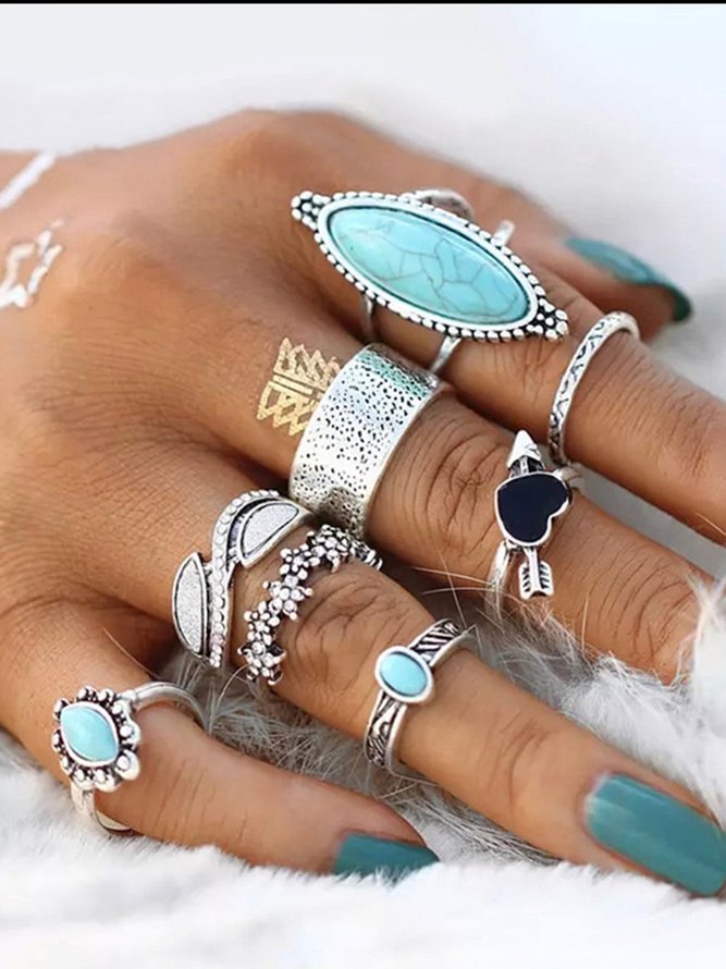 8Pcs Ethnic Style Turquoise Heart Ring Set Beach Holiday Jewelry