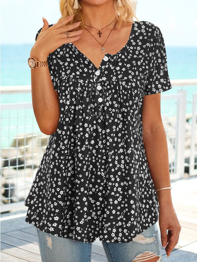 Half open button floral holiday loose a-hem T-shirt tunic