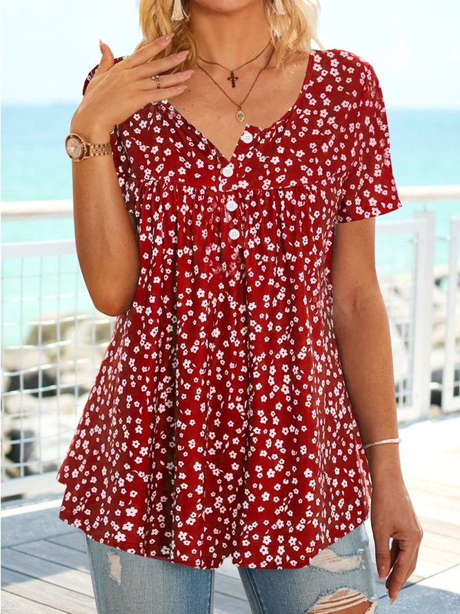 Half open button floral holiday loose a-hem T-shirt tunic