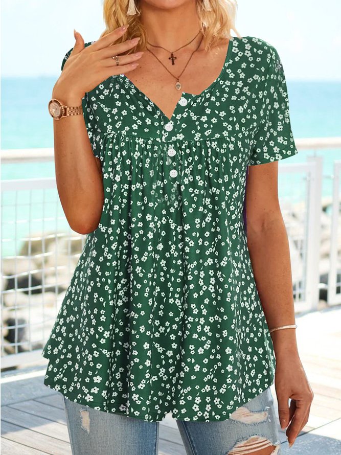 Half open button floral holiday loose a-hem T-shirt tunic