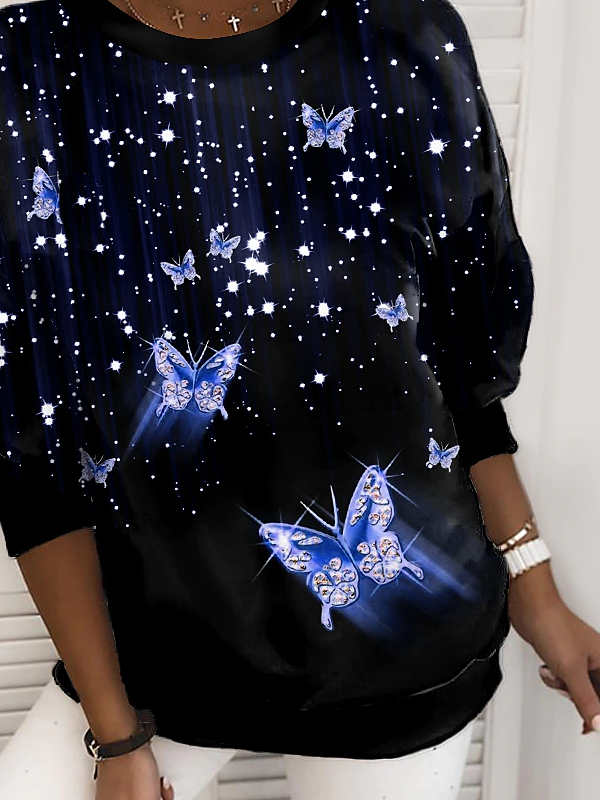 Casual Autumn Butterfly Long sleeve Crew Neck Cotton-Blend H-Line Regular Regular Size Sweatshirt for Women