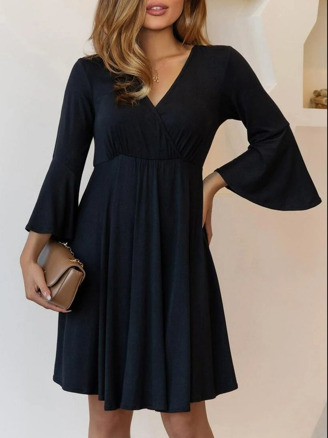 Casual Plain Autumn V neck Daily Jersey Long sleeve Flare Sleeve A-Line Dress for Women