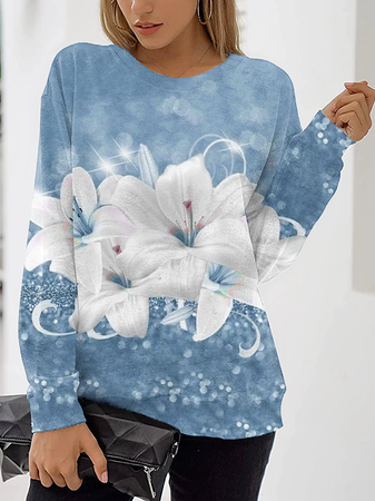 Casual Floral Autumn Micro-Elasticity Loose Crew Neck Cotton-Blend Regular Regular Sweatshirts for Women