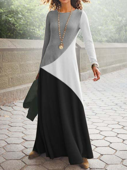 Crew Neck Casual Color Block Dress