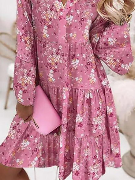 Women Casual Floral Autumn Polyester Natural Lightweight Long sleeve A-Line Ruffled Skirt Dresses