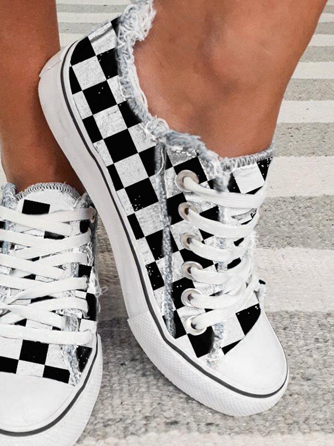 Black And White Checkerboard Graphic Distressed Canvas Flats