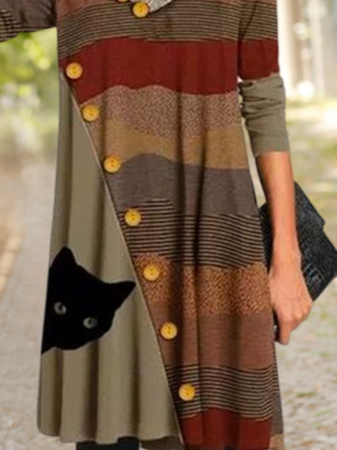 Cat Casual Autumn Polyester V neck Micro-Elasticity Loose Skirt A-Line Dress for Women