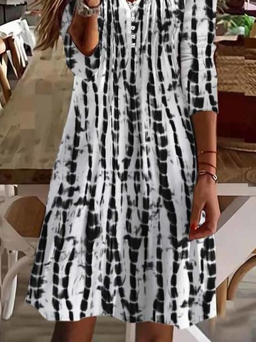 Women Casual Abstract Geometric Striped V Neck Long Sleeve Dress