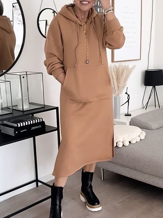 Casual Plain Autumn Spandex Heavyweight Daily Loose Long sleeve Regular Size Dresses for Women