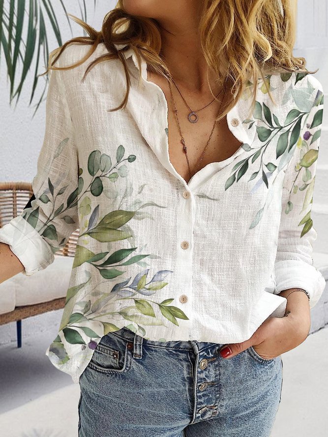 Women Casual Leaf Autumn Buttoned Micro-Elasticity Open Front H-Line Regular Shirt Collar Blouse