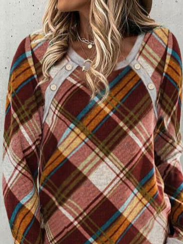 Casual Plaid Autumn Natural Daily Midi Long sleeve Cotton-Blend Regular Size Dresses for Women