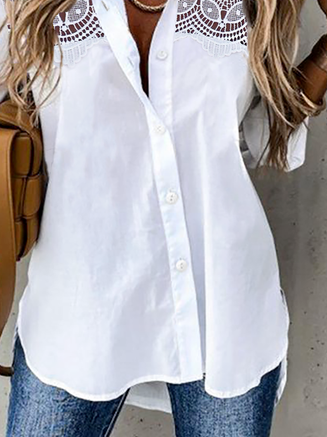 Women Elegant Plain Hollow Out Lace Button Down Long Sleeve Blouse