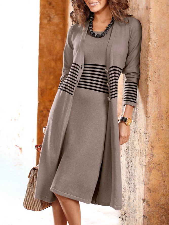 Women Stripe Sleeveless Dress & Open Front Coat
