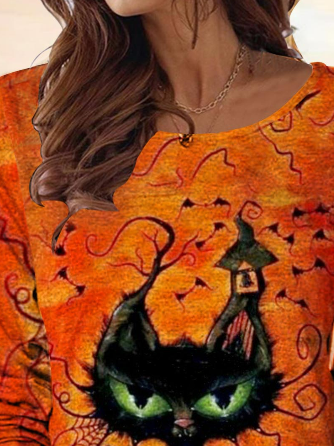 Casual Autumn Cat Loose Halloween Long sleeve Regular Regular Medium Elasticity Tops for Women
