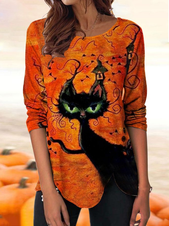 Casual Autumn Cat Loose Halloween Long sleeve Regular Regular Medium Elasticity Tops for Women