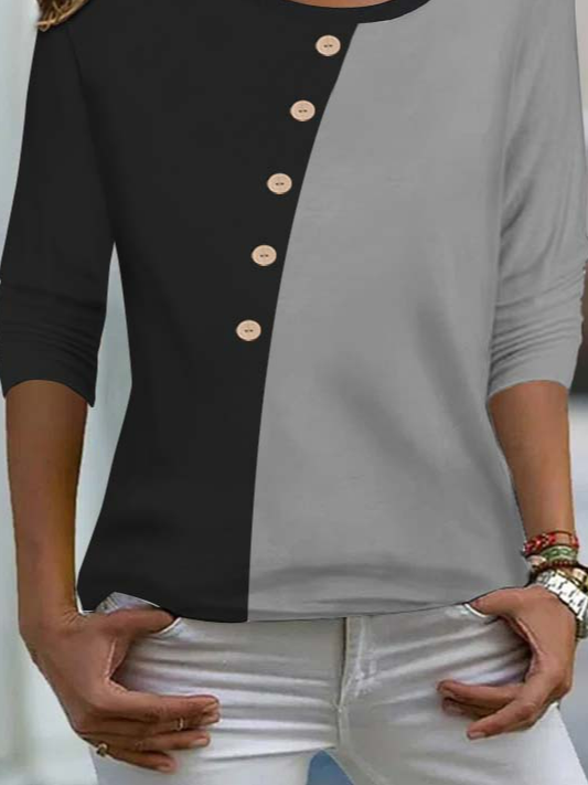 Women Casual Color Block Autumn Daily Regular Fit Jersey Regular H-Line Medium Elasticity T-shirt