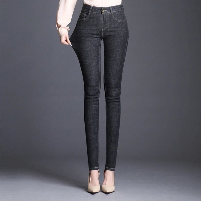 Women Casual Plain Autumn Natural Tight Slim fit Pants Long H-Line Regular Jeans