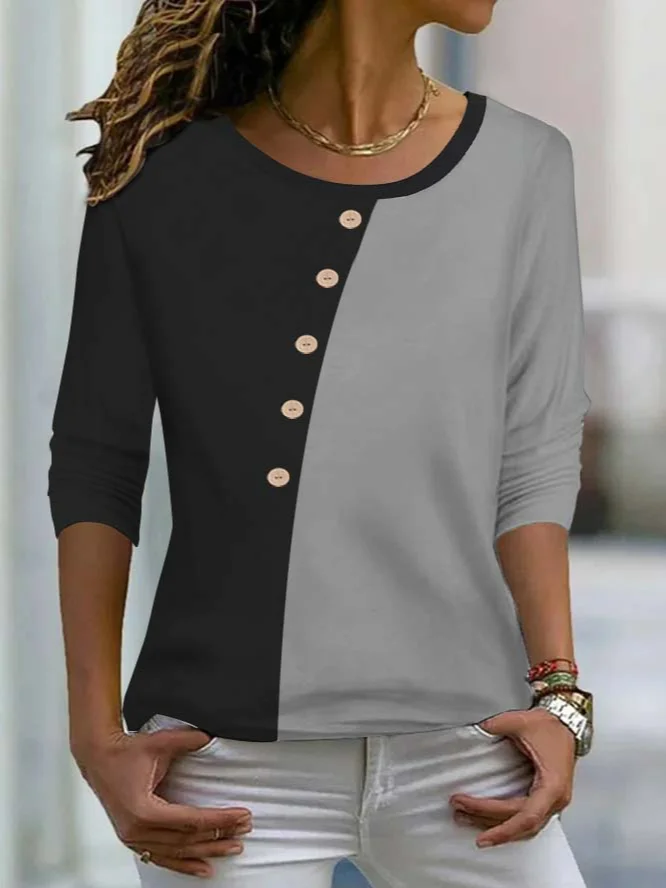 Women Casual Color Block Autumn Daily Regular Fit Jersey Regular H-Line Medium Elasticity T-shirt