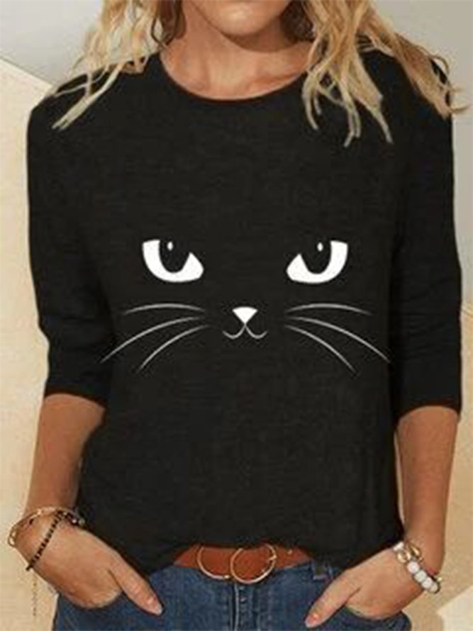 Women Casual Autumn Cat Daily Long sleeve Crew Neck Regular H-Line Regular Size T-shirt