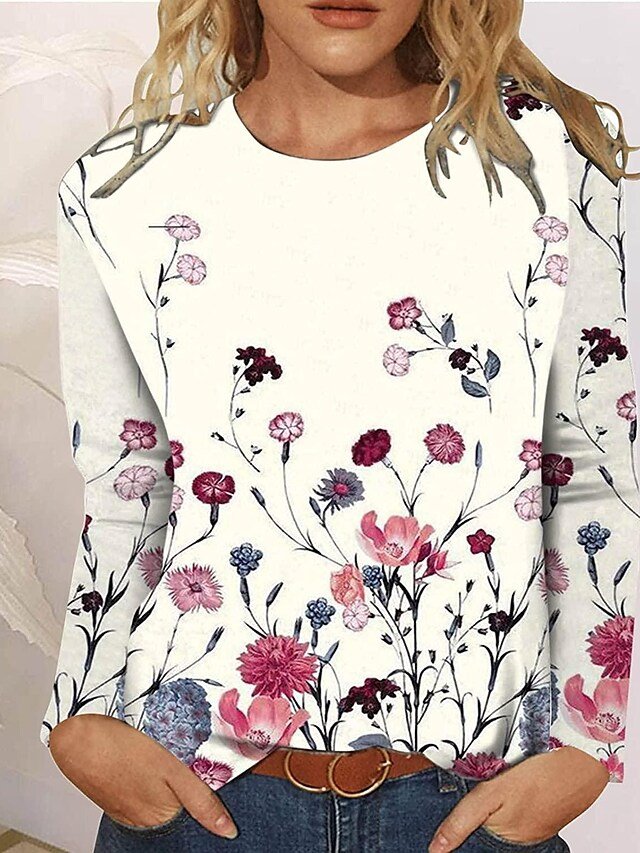 Casual Floral Design Crew Neck Pullover T-shirt