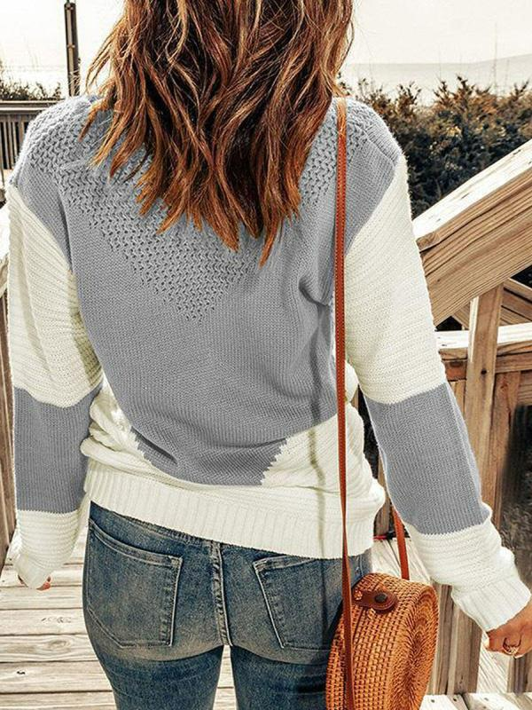 Casual Color Block Winter Daily Loose Long sleeve Crew Neck Wool/Knitting Regular Sweater for Women