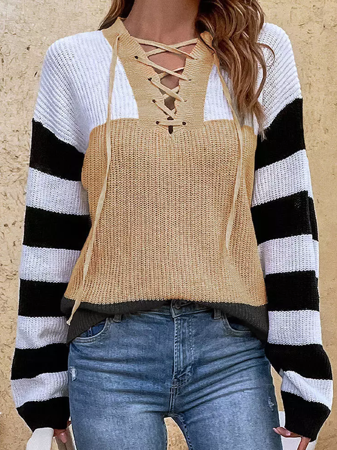 Geometric Casual Autumn V neck Micro-Elasticity Daily Long sleeve H-Line Regular Sweater for Women