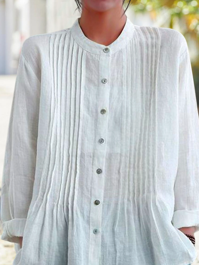 Women Casual Plain Autumn Cotton Long sleeve Crew Neck Regular H-Line Regular Size Blouse