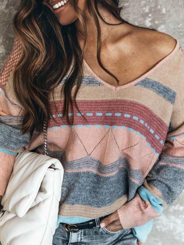 Women Color Block Casual Autumn V neck Daily Long sleeve Wool/Knitting Regular Regular Size Sweater