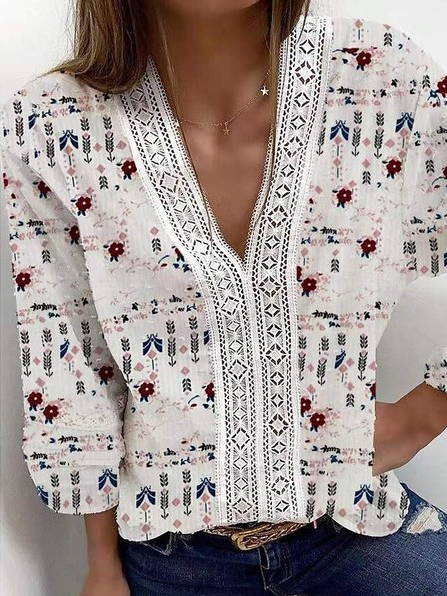 Lantern Sleeve Casual V Neck Floral Lace Top