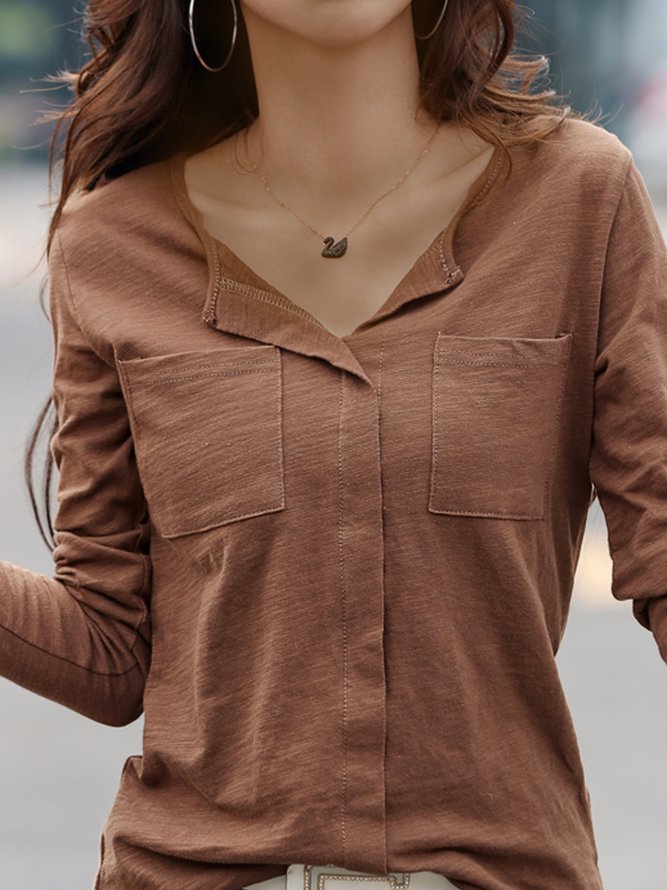 Plain Simple Autumn Micro-Elasticity Pullover Long sleeve Regular Regular Half Open Collar Tops for Women