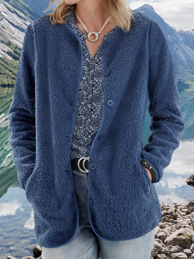 Women Casual Plain Winter Regular Fit Long sleeve Mid-long Teddy Velvet H-Line Regular Jacket
