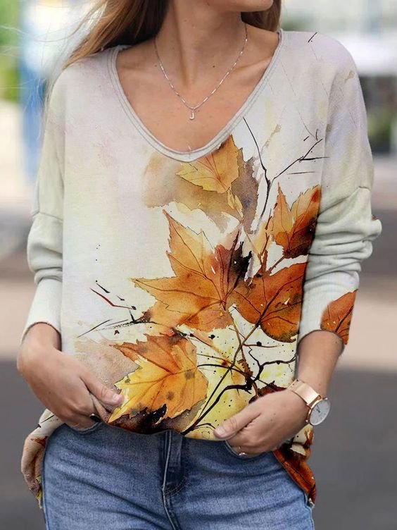 Casual V Neck Leaf T-Shirt