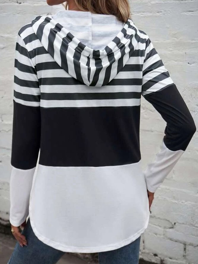 Striped color block drawstring hooded loose sweater