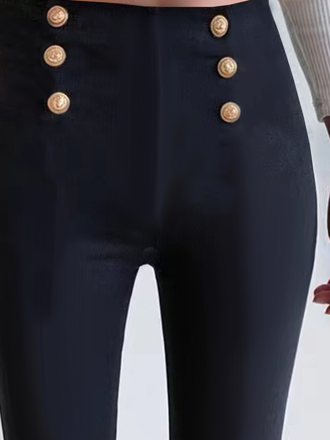 Women Casual Solid High Waist Button Skinny Leggings High Stretchy Work Pants