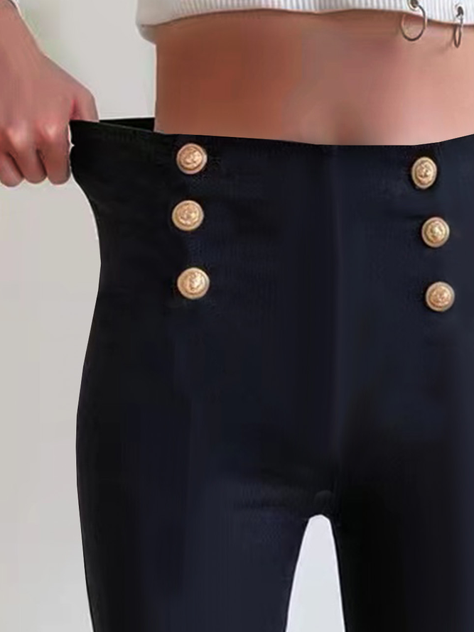 Women Casual Solid High Waist Button Skinny Leggings High Stretchy Work Pants