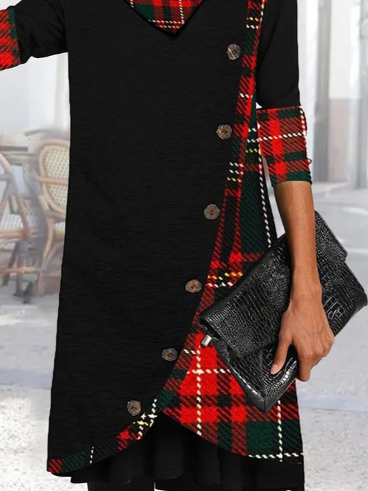 Casual Plaid Autumn Spandex Buttoned Heavyweight Daily Turtleneck A-Line Dresses for Women