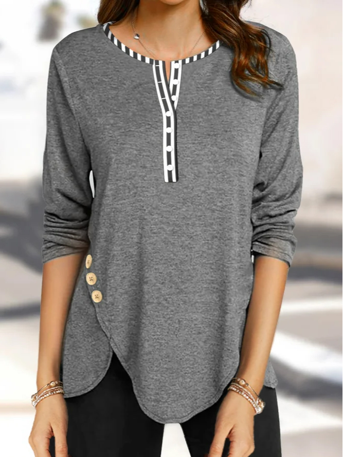 Plain Casual Autumn Polyester Split Joint Daily Regular Fit Long sleeve A-Line Tops for Women