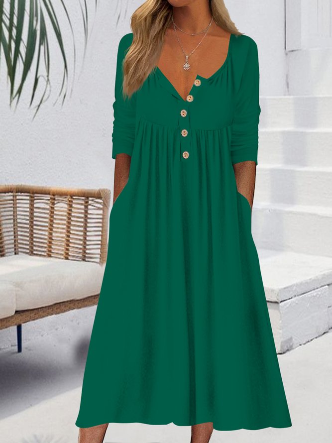 Women Basic V Neck Pockets Buttoned Ruched Casual Plain Long Sleeve Dress
