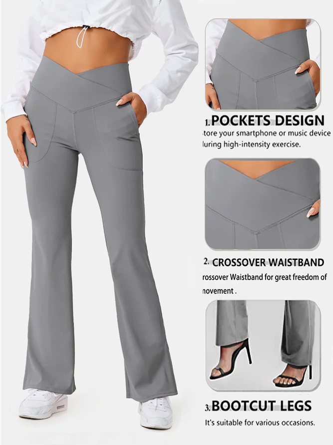 Women Casual Crossover Waist Pockets Plain Daily Bootcut Yoga Pants