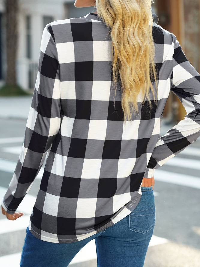 Casual Black Checkered Print V Neck Long Sleeve T Shirt