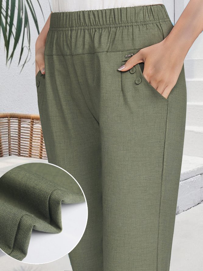 Elastic waist pocket button loose Pants