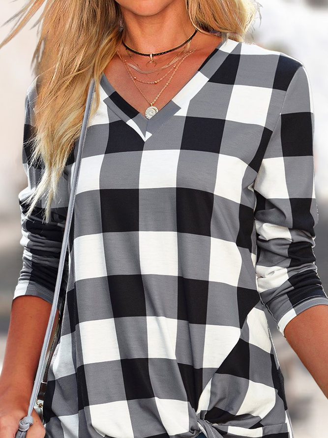 Casual Black Checkered Print V Neck Long Sleeve T Shirt