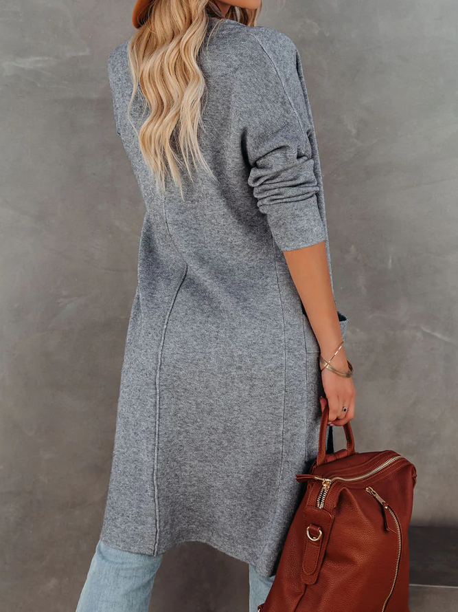 Women Long Sleeve Lapel Open Front Long Woolen Cardigan with Pockets