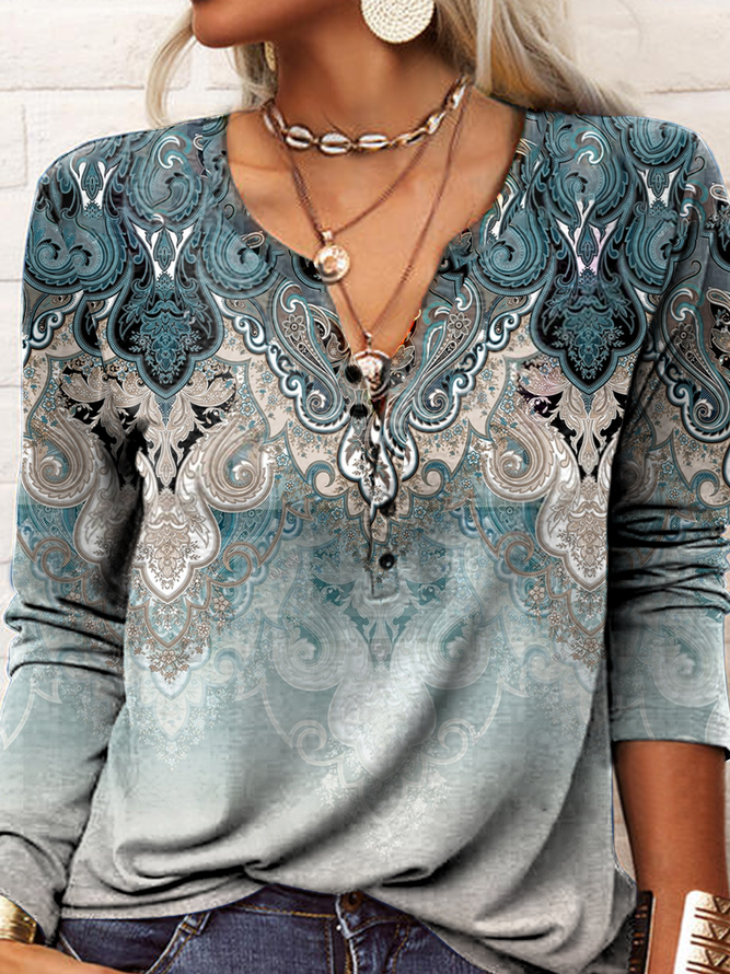  Half Open Collar Ethnic Boho Long Sleeve Top