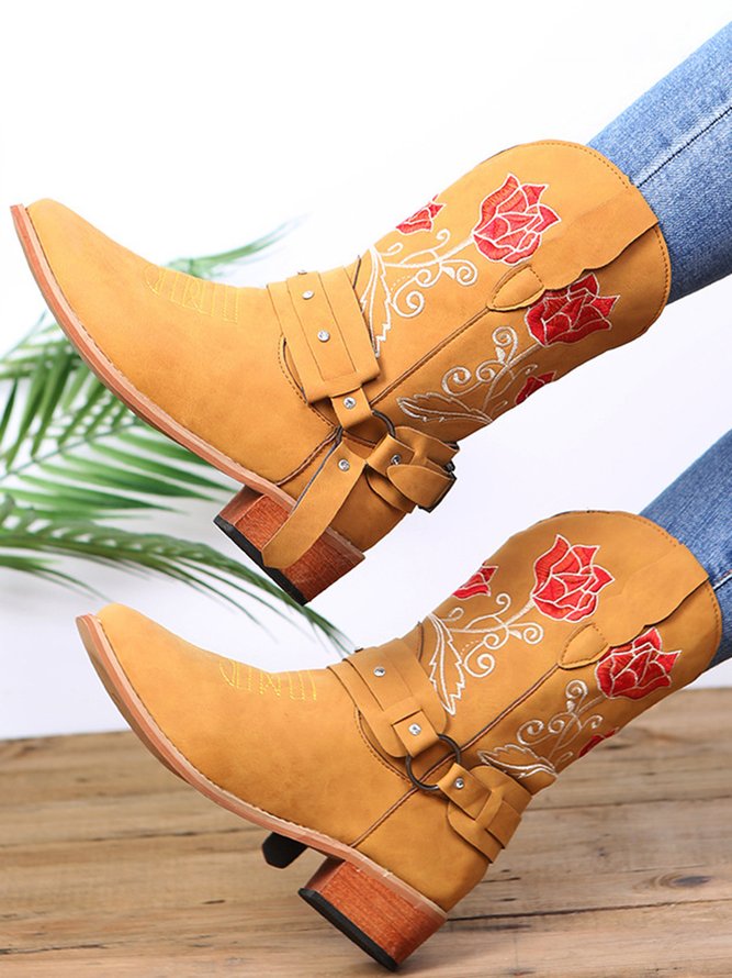 Vintage Floral Embroidered Sleeve Pointed Toe Chunky Heel Cowboy Boots