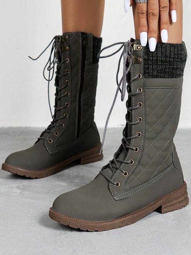 Knit Panel Lace-Up Zip Round Toe Chunky Heel Boots