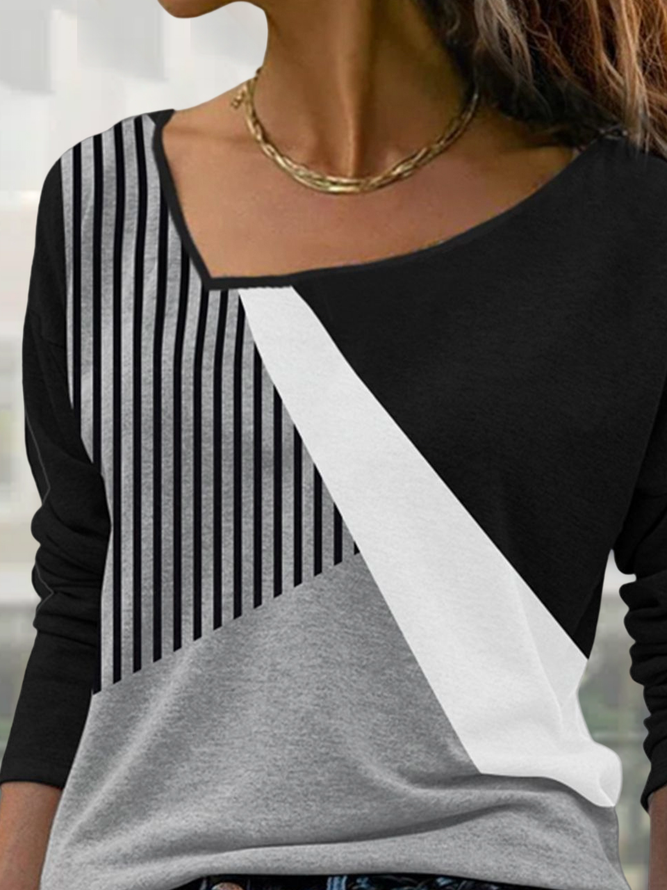 Women Striped Casual Autumn Daily Loose Regular H-Line Medium Elasticity Regular Size T-shirt